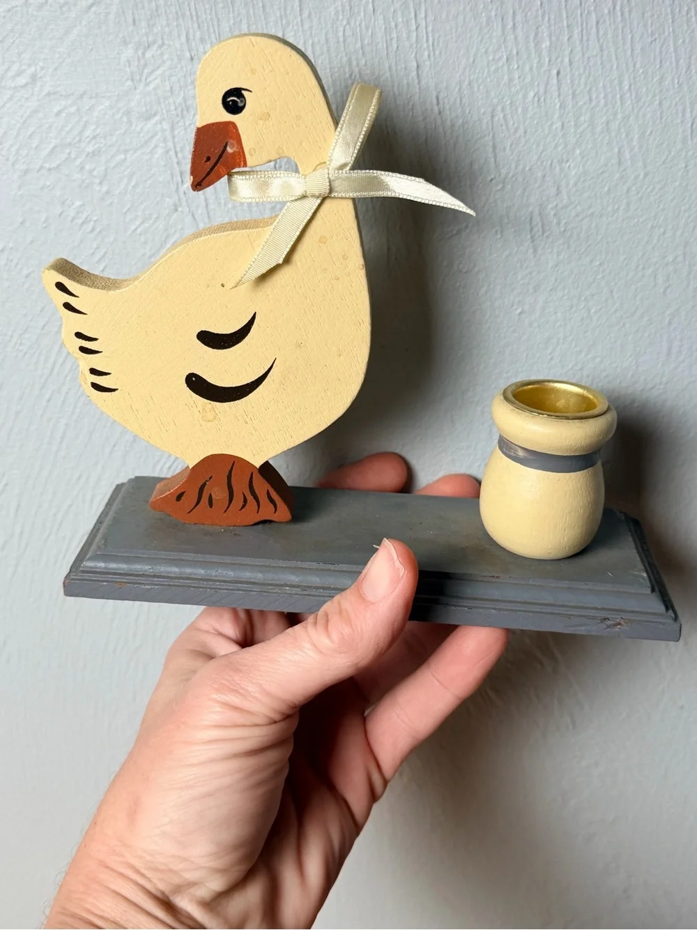 Vintage Wooden Goose Candle Holder, Taiwan Folk Art Goose Decor